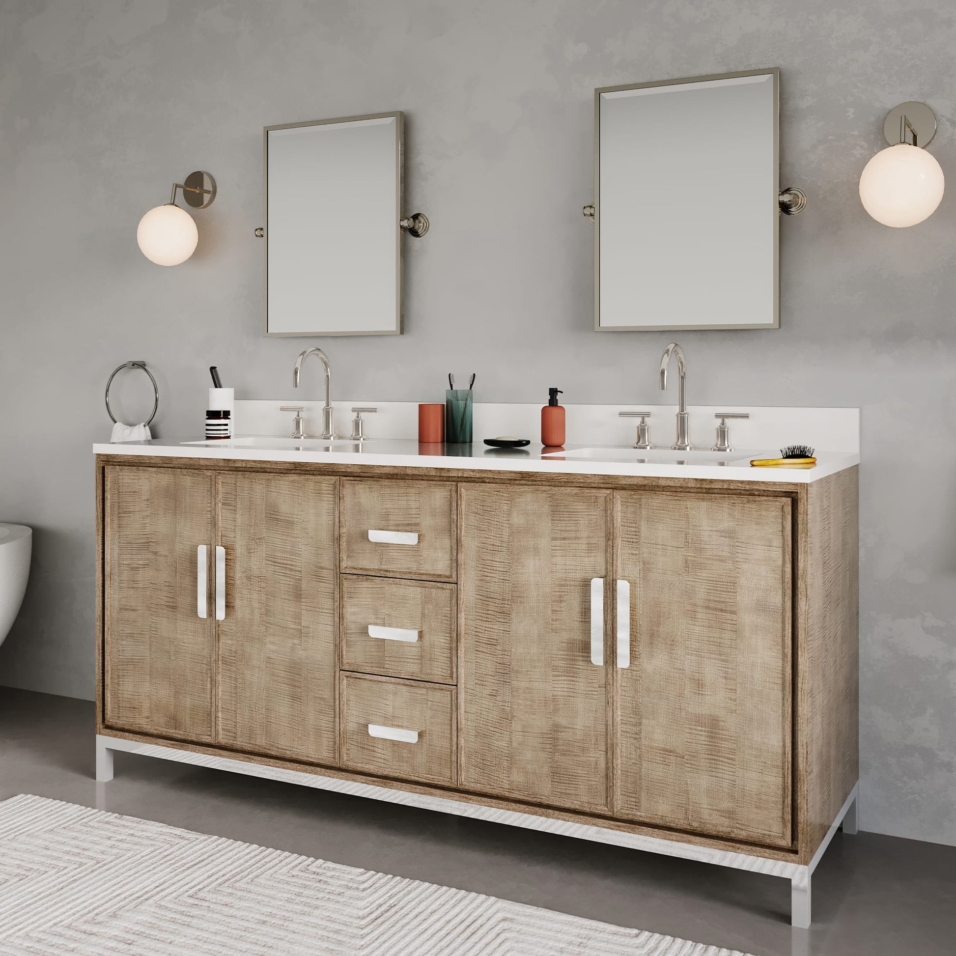 Westin 72 in. x 34.4 in. H Double Sink Bath Vanity in Lustrous Walnut with White Brook Quartz Top | Water Creation