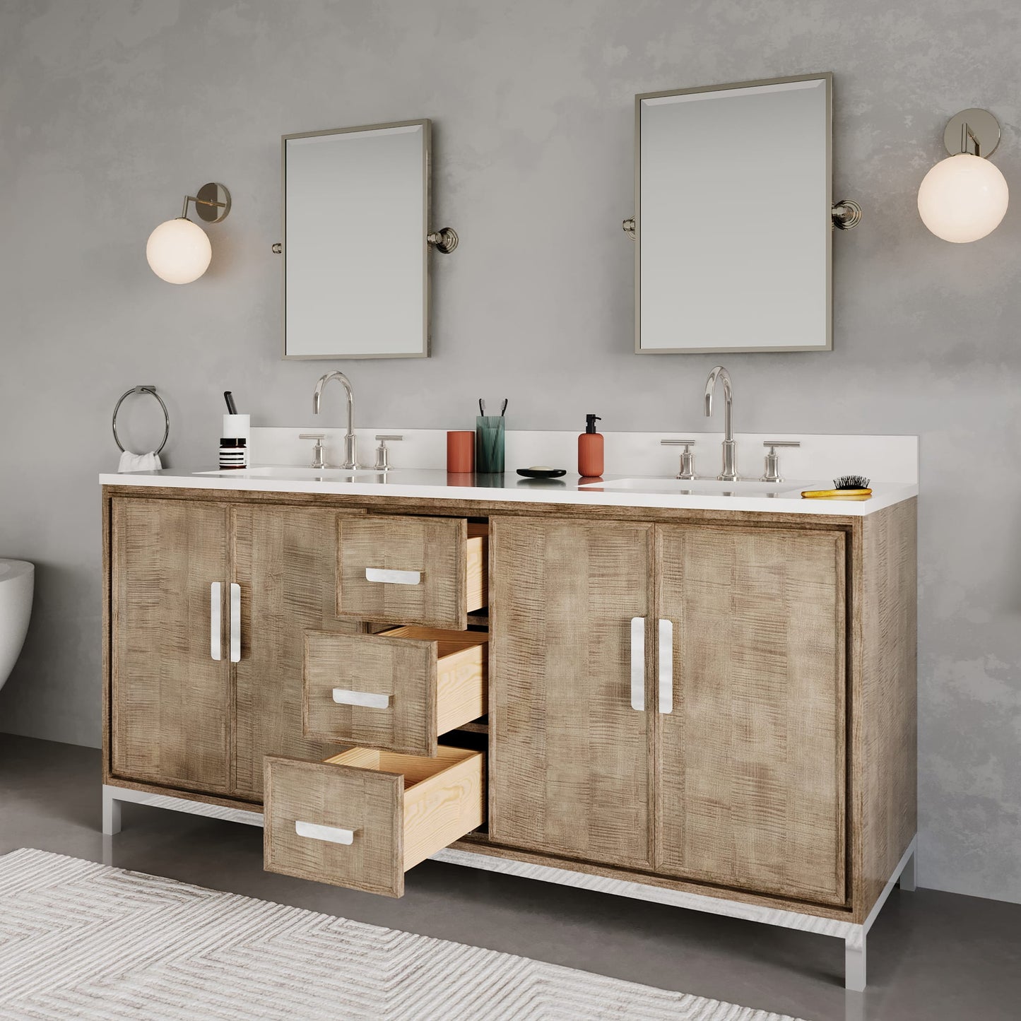 Westin 72 in. x 34.4 in. H Double Sink Bath Vanity in Lustrous Walnut with White Brook Quartz Top | Water Creation
