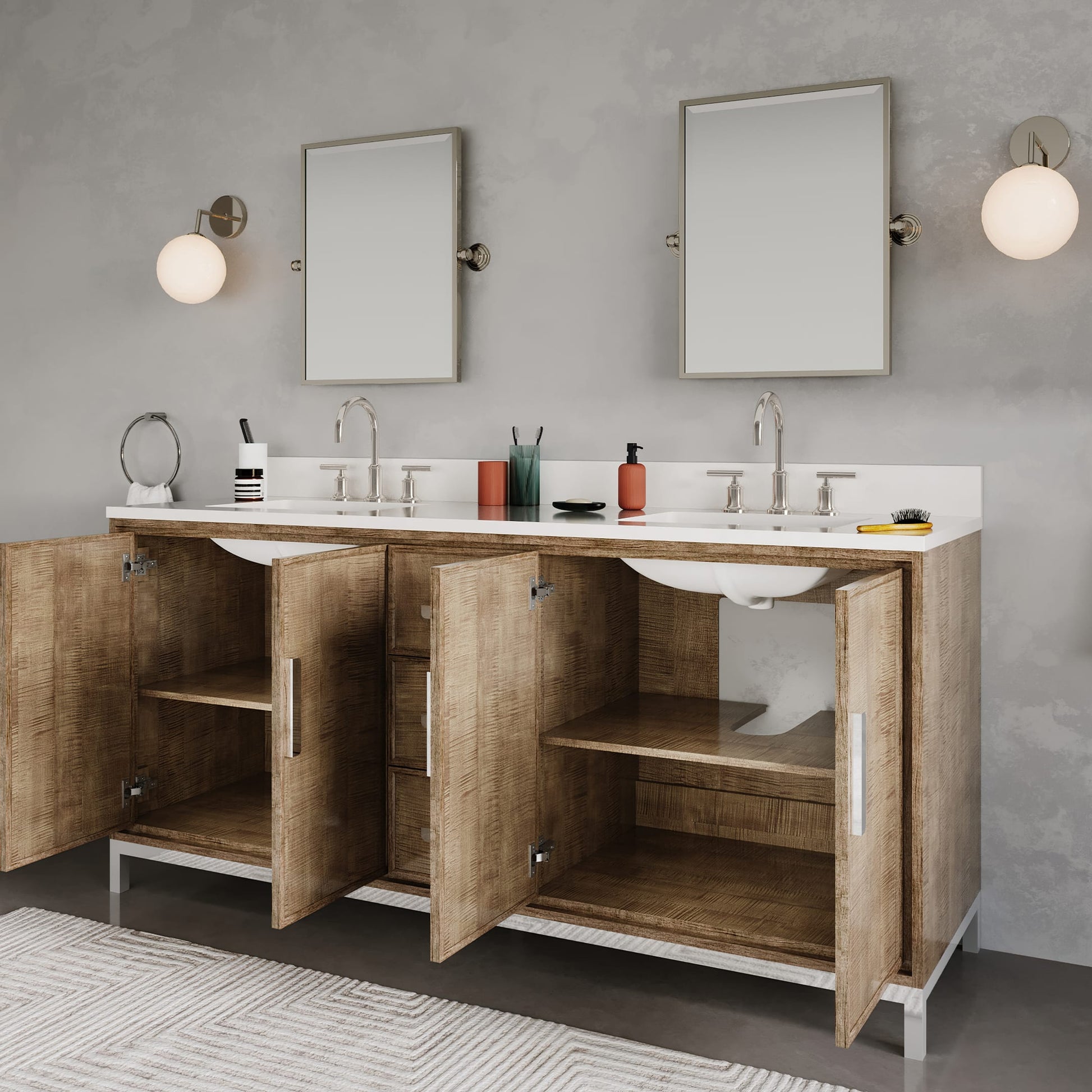 Westin 72 in. x 34.4 in. H Double Sink Bath Vanity in Lustrous Walnut with White Brook Quartz Top | Water Creation