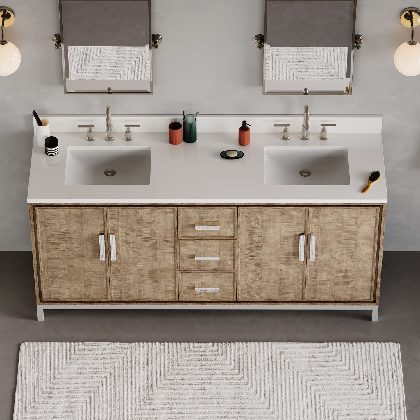 Westin 72 in. x 34.4 in. H Double Sink Bath Vanity in Lustrous Walnut with White Brook Quartz Top | Water Creation