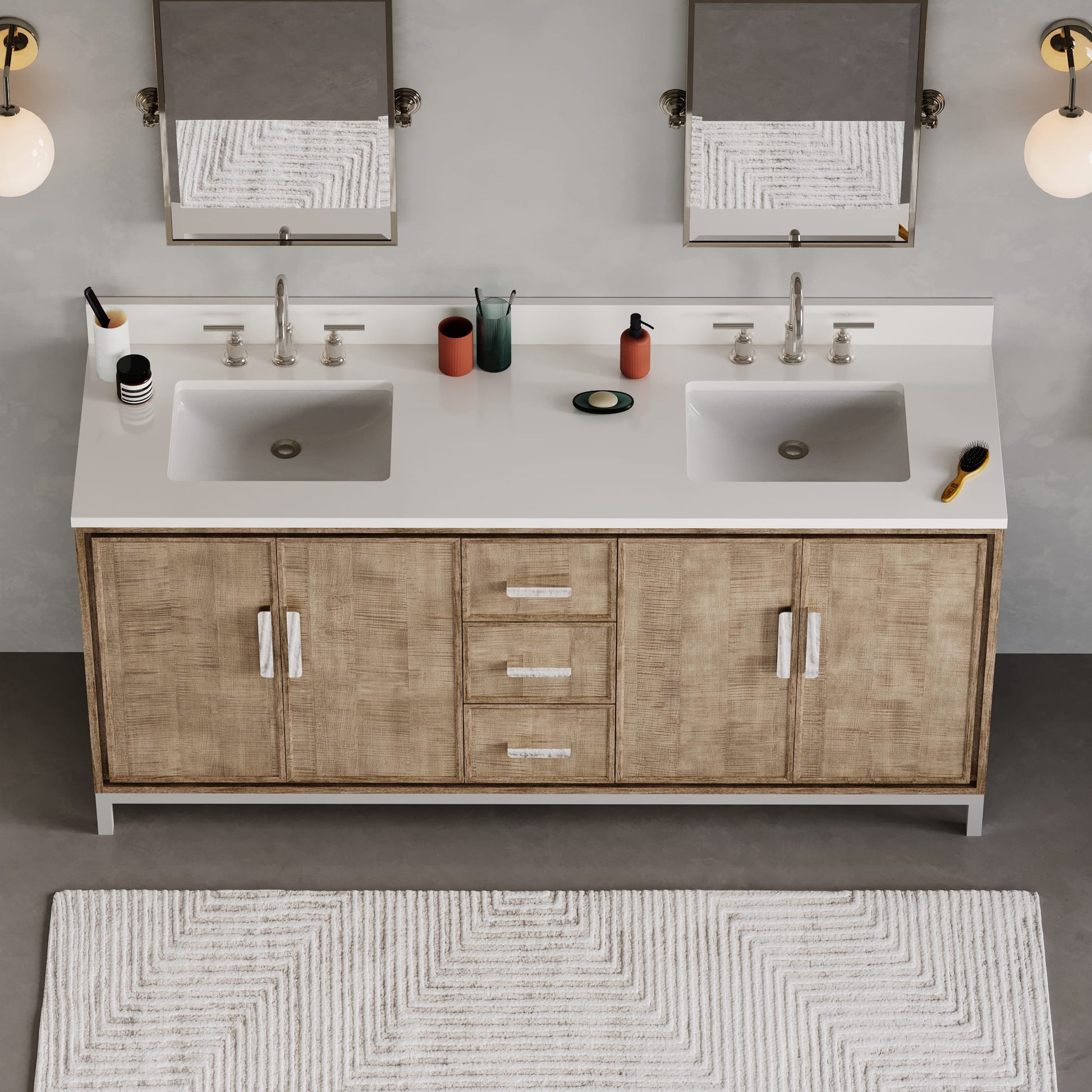 Westin 72 in. x 34.4 in. H Double Sink Bath Vanity in Lustrous Walnut with White Brook Quartz Top | Water Creation