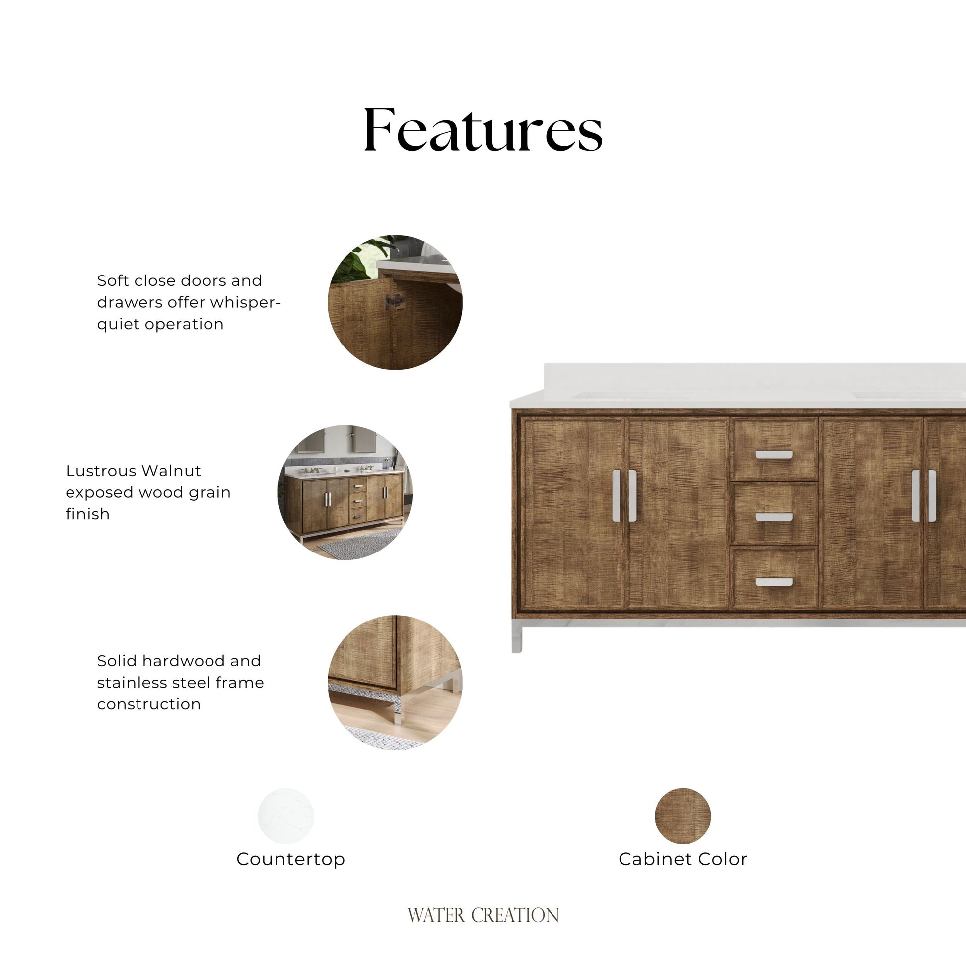 Westin 72 in. x 34.4 in. H Double Sink Bath Vanity in Lustrous Walnut with White Brook Quartz Top | Water Creation
