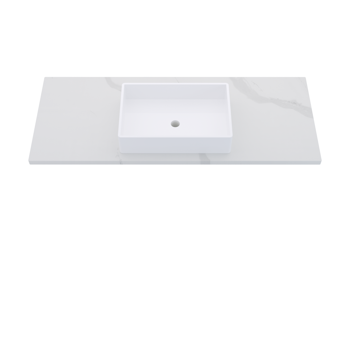 55" Vanderloc Silestone® Quartz Bathroom Vanity Top | Single Vigo Sink | Centered in Classic Calacatta