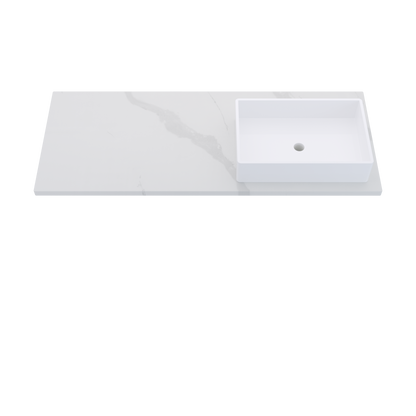 55" Vanderloc Silestone® Quartz Bathroom Vanity Top | Single Vigo Sink | Offset in Classic Calacatta