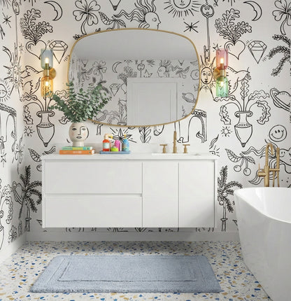 Gilded floating bath vanity in Pure White, styled bathroom