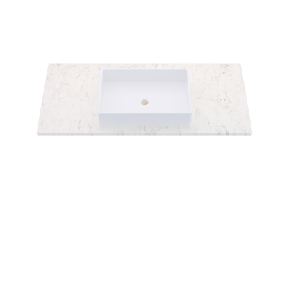 49" Vanderloc Silestone® Quartz Bathroom Vanity Top | Single Vigo Sink | Centered in Snowy Ibiza