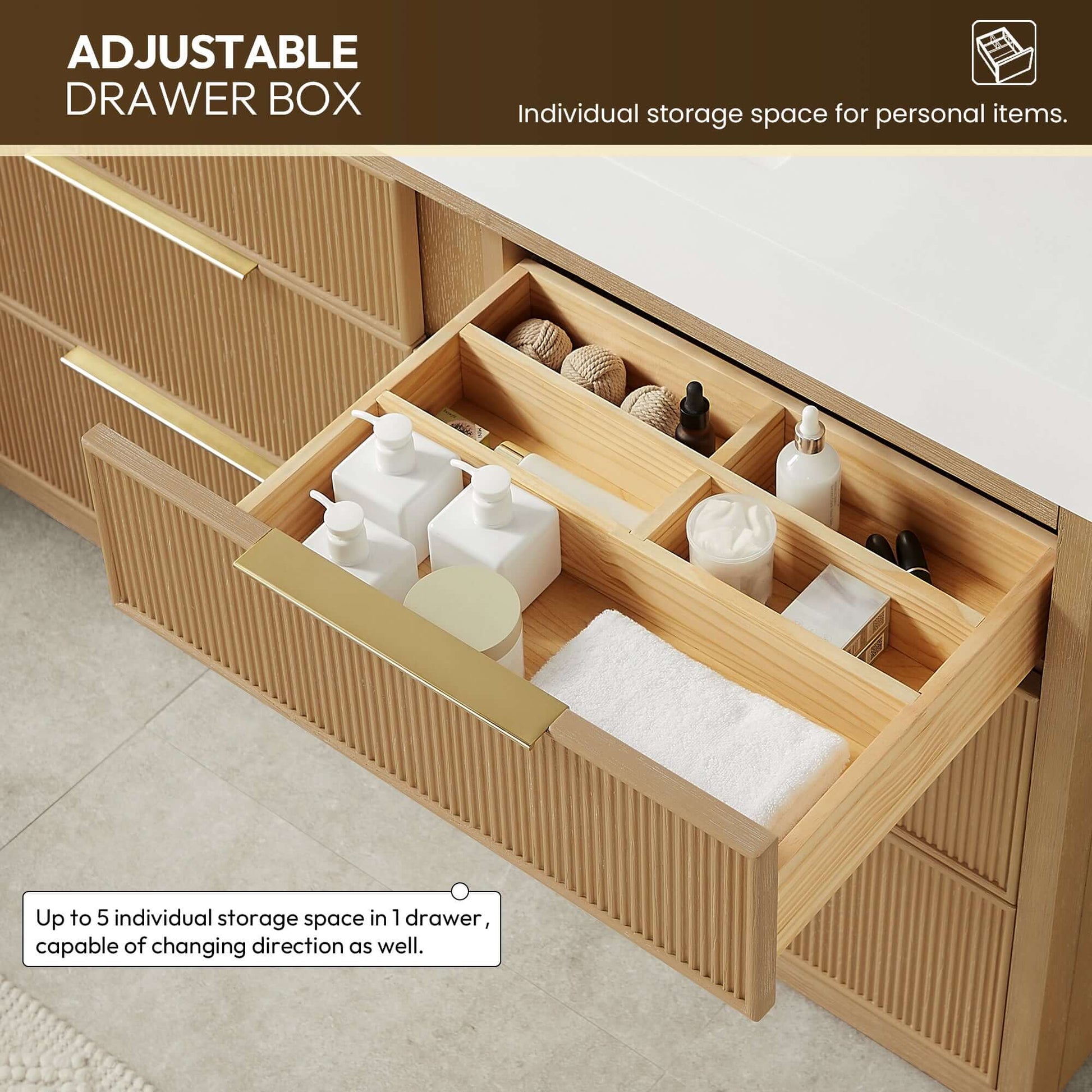Vinnova, Hohhot 48" Free-standing Single Bath Vanity in Washed Ash Grey with adjustable drawer box for personal item storage