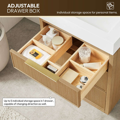 Open drawer of Vinnova, Hohhot 24" Free-standing Single Bath Vanity in Washed Ash Grey with organized personal items.