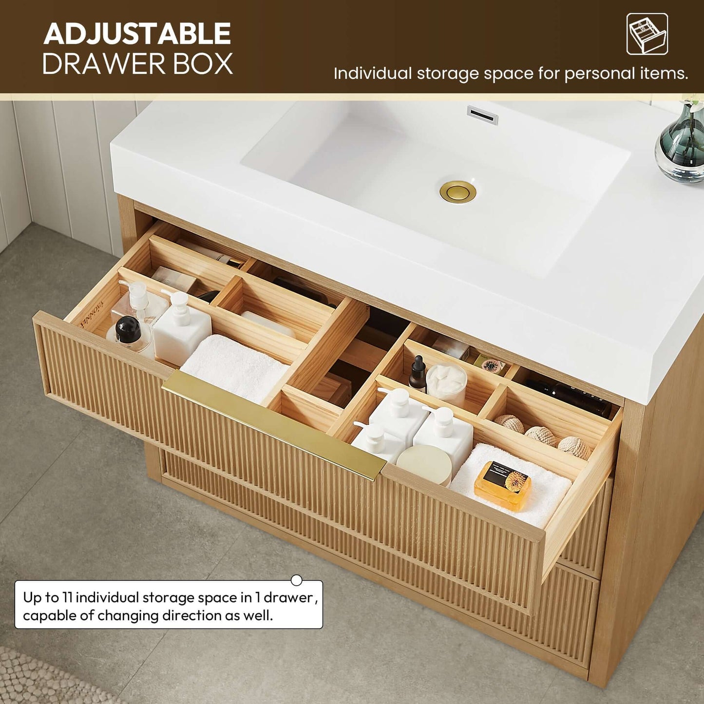 Vinnova, Hohhot 36" Free-standing Single Bath Vanity in Washed Ash Grey with White Integrated Stone Sink Top showcasing adjustable drawer box.