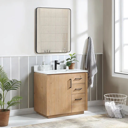 Vinnova, San 36" Free-standing Single Bath Vanity in Fir Wood Brown with White Grain Composite Stone Top