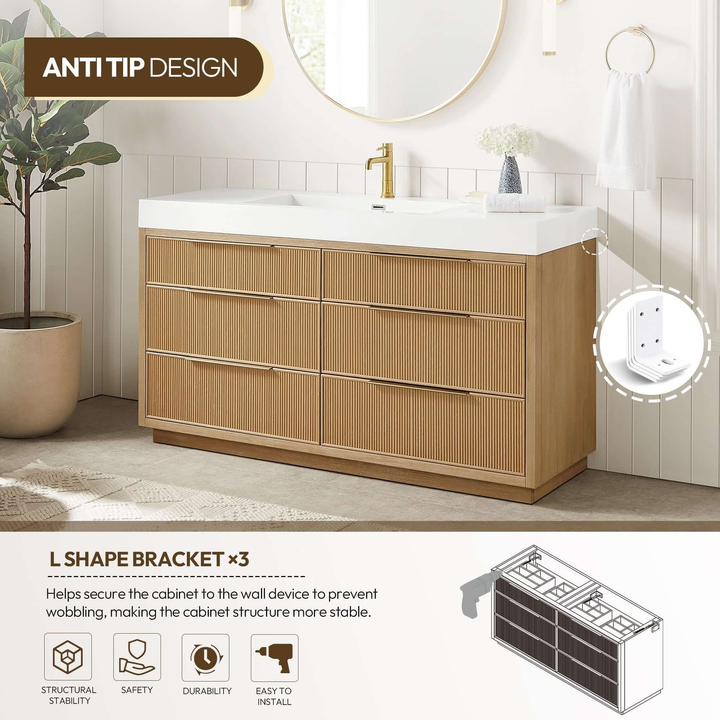 Vinnova, Hohhot 60" Free-standing Single Bath Vanity in Washed Ash Grey with White Integrated Stone Sink Top showcasing anti-tip design