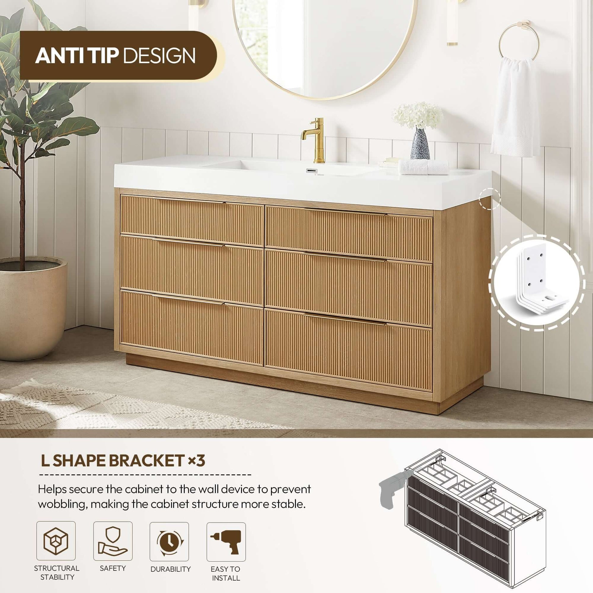 Vinnova, Hohhot 60" Free-standing Single Bath Vanity in Washed Ash Grey with White Integrated Stone Sink Top showcasing anti-tip design
