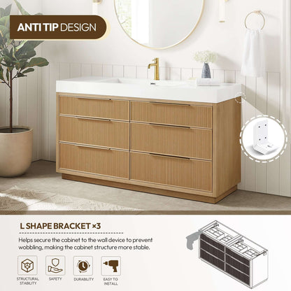 Vinnova, Hohhot 60" Free-standing Single Bath Vanity in Washed Ash Grey with White Integrated Stone Sink Top showcasing anti-tip design