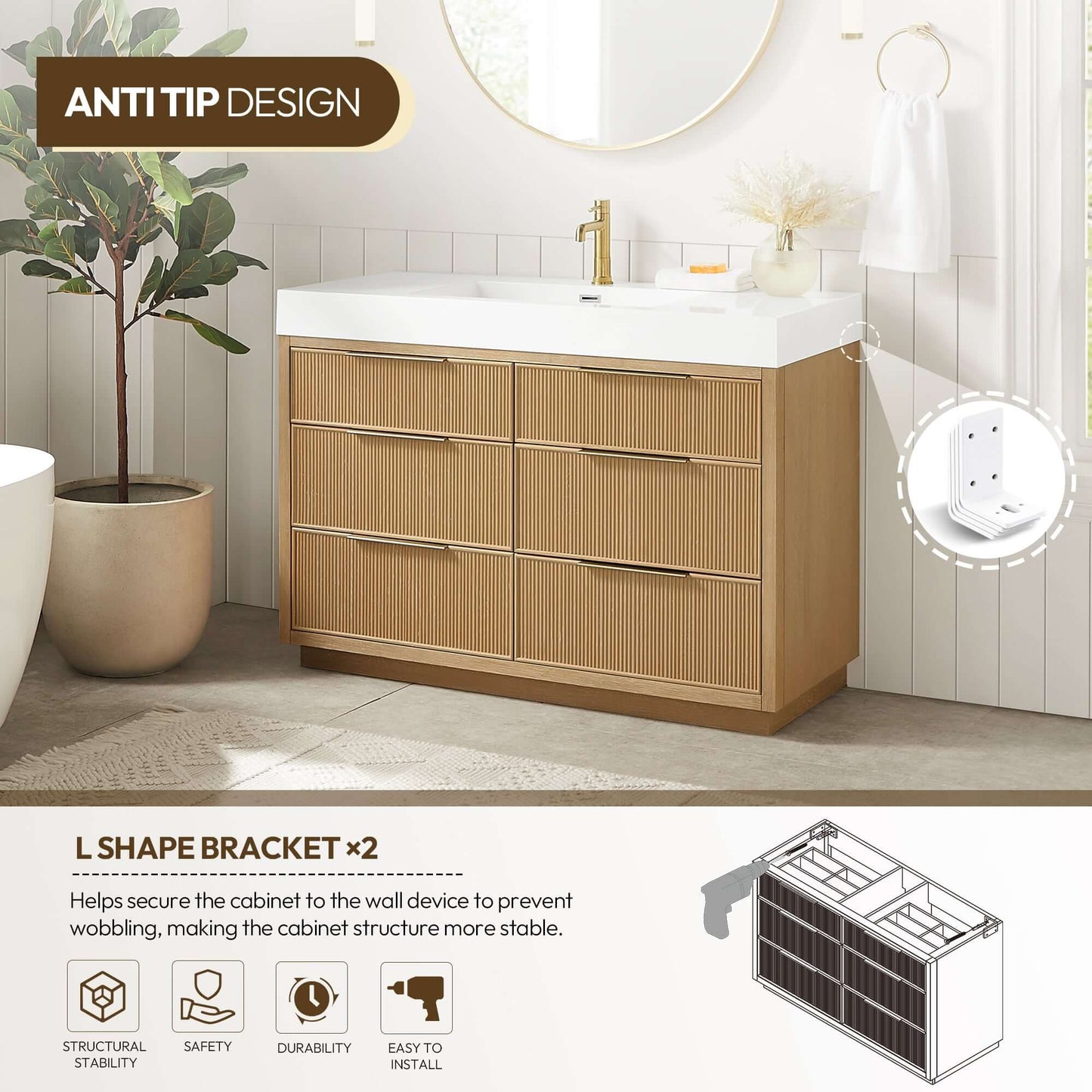 Vinnova, Hohhot 48" Free-standing Single Bath Vanity in Washed Ash Grey with White Integrated Stone Sink Top, anti-tip design, bathroom vanity