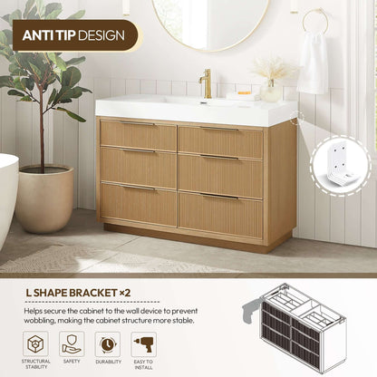Vinnova, Hohhot 48" Free-standing Single Bath Vanity in Washed Ash Grey with White Integrated Stone Sink Top, anti-tip design, bathroom vanity