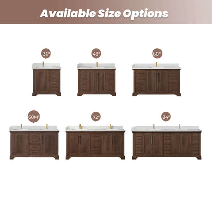 Vinnova, Tokyo 60" Freestanding Single Bath Vanity in Aged Dark Brown Oak with Silk White Quartz Stone Top size options display