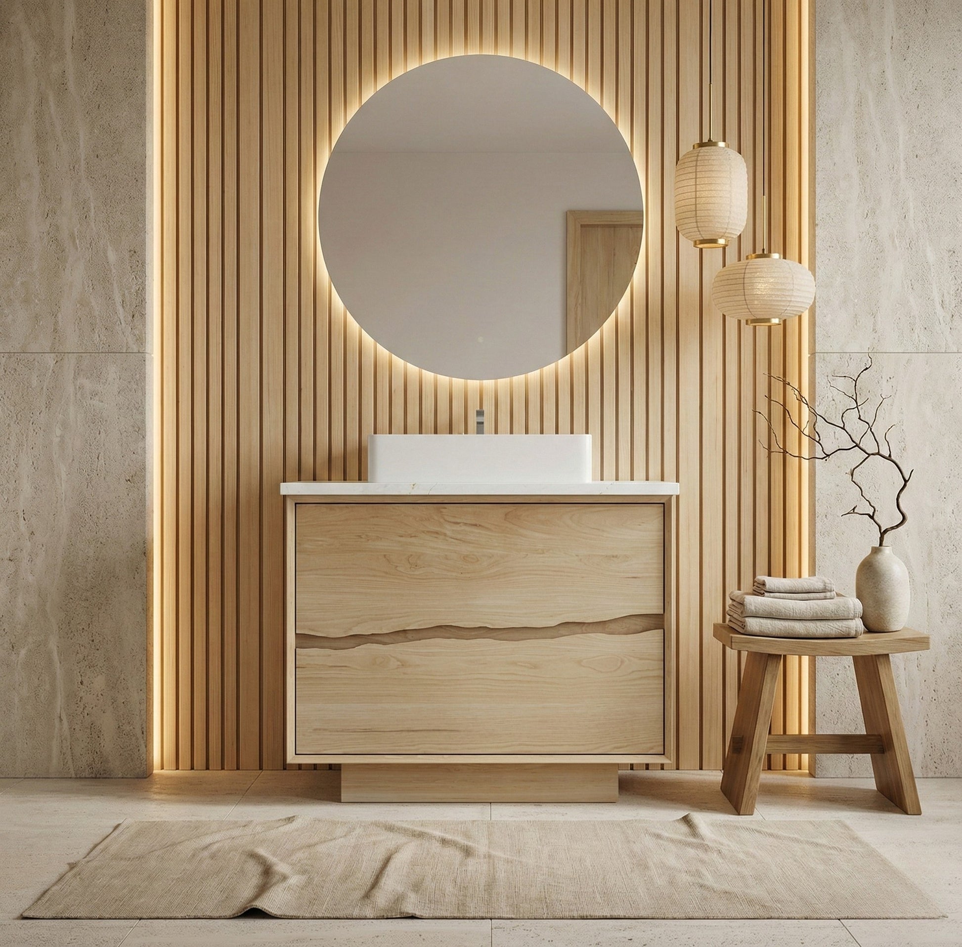 Ventura bath vanity in American White Oak, styled bathroom