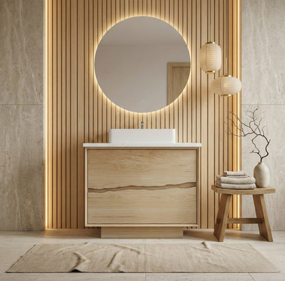 Ventura bath vanity in American White Oak, styled bathroom