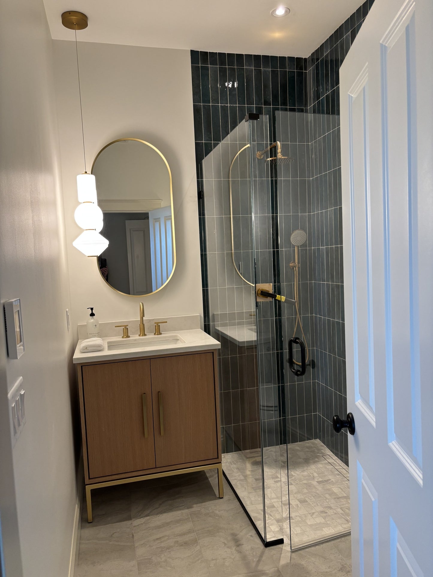 Rift White Oak bath vanity, styled bathroom