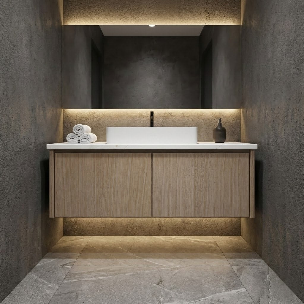 Gilded floating bath vanity in Natural Weathered, styled bathroom