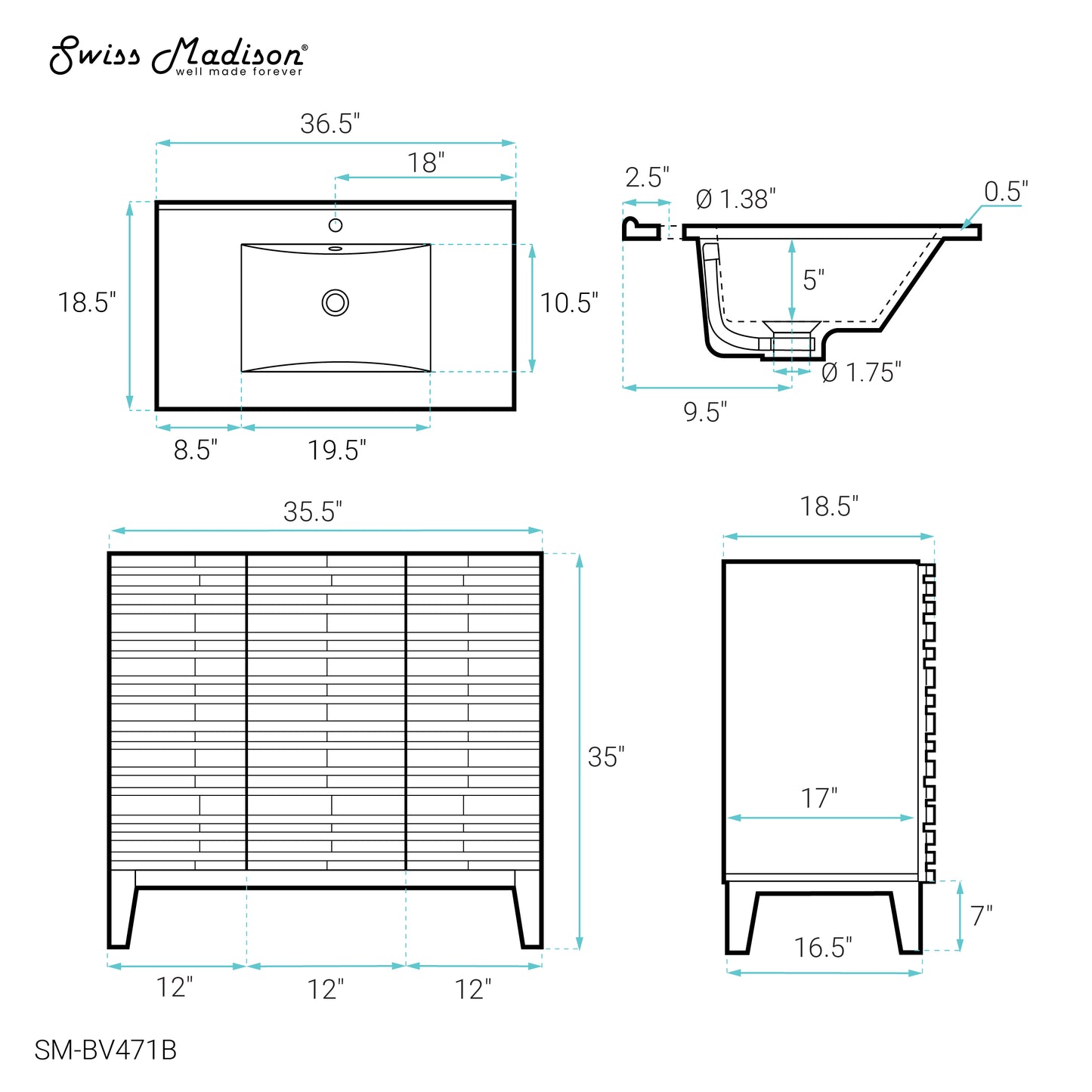 Swiss Madison, Cascade 36" Bathroom Vanity in Black