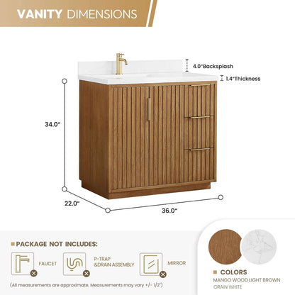 Vinnova, Bangkok 36" Single Sink Bath Vanity in Mango Wood Light Brown with White Grain Composite Stone Top with dimensions.