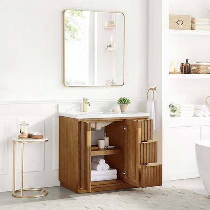 Vinnova, Bangkok 36" Single Sink Bath Vanity in Mango Wood Light Brown with White Grain Composite Stone Top in elegant bathroom setting.