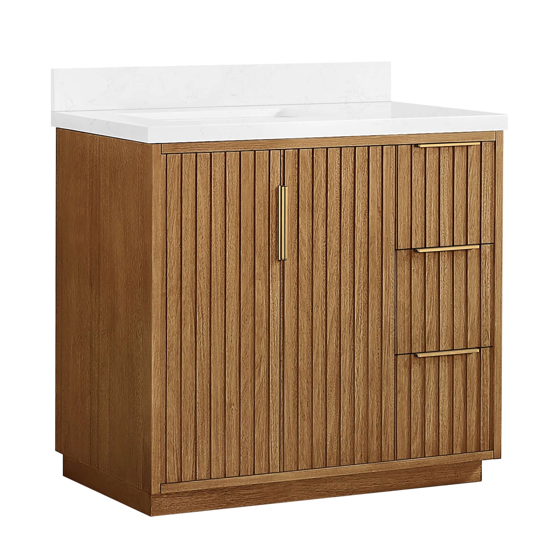 Vinnova, Bangkok 36" Single Sink Bath Vanity in Mango Wood Light Brown with White Grain Composite Stone Top - elegant bathroom vanity