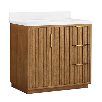 Vinnova, Bangkok 36" Single Sink Bath Vanity in Mango Wood Light Brown with White Grain Composite Stone Top - elegant bathroom vanity