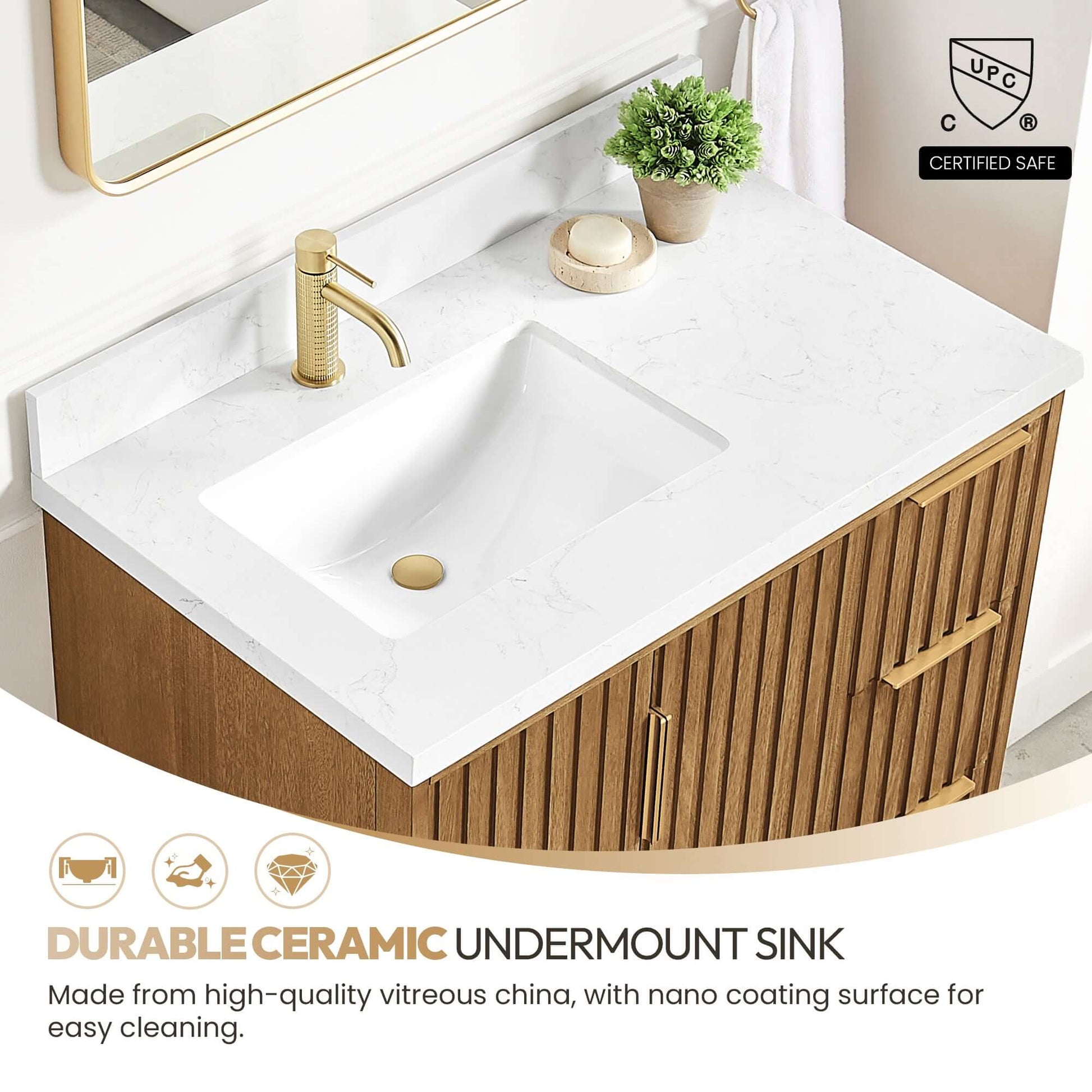Vinnova, Bangkok 36" Single Sink Bath Vanity in Mango Wood Light Brown with White Grain Composite Stone Top featuring durable ceramic undermount sink