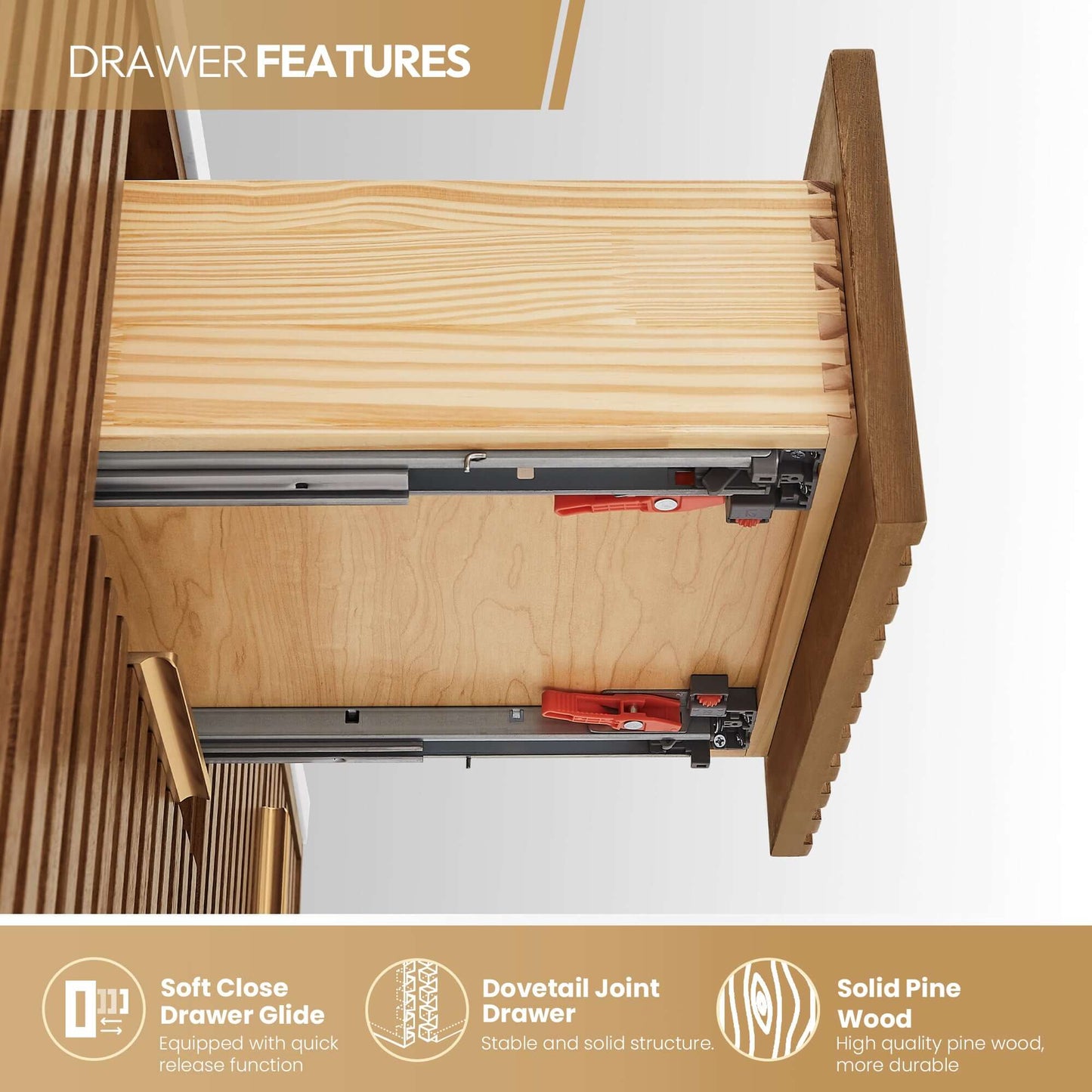 Close-up of Vinnova, Bangkok 36" Single Sink Bath Vanity drawer with soft close glide, dovetail joint, and solid pine wood features.