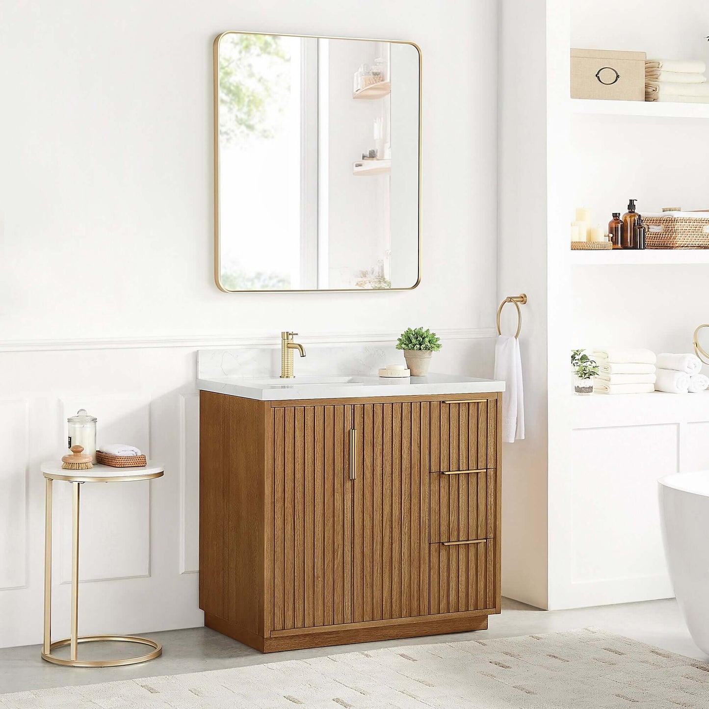 Vinnova, Bangkok 36" Single Sink Bath Vanity in Mango Wood Light Brown with White Grain Composite Stone Top, elegant bathroom vanity