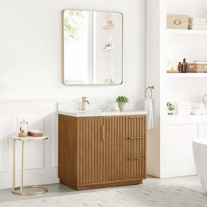 Vinnova, Bangkok 36" Single Sink Bath Vanity in Mango Wood Light Brown with White Grain Composite Stone Top, elegant bathroom vanity