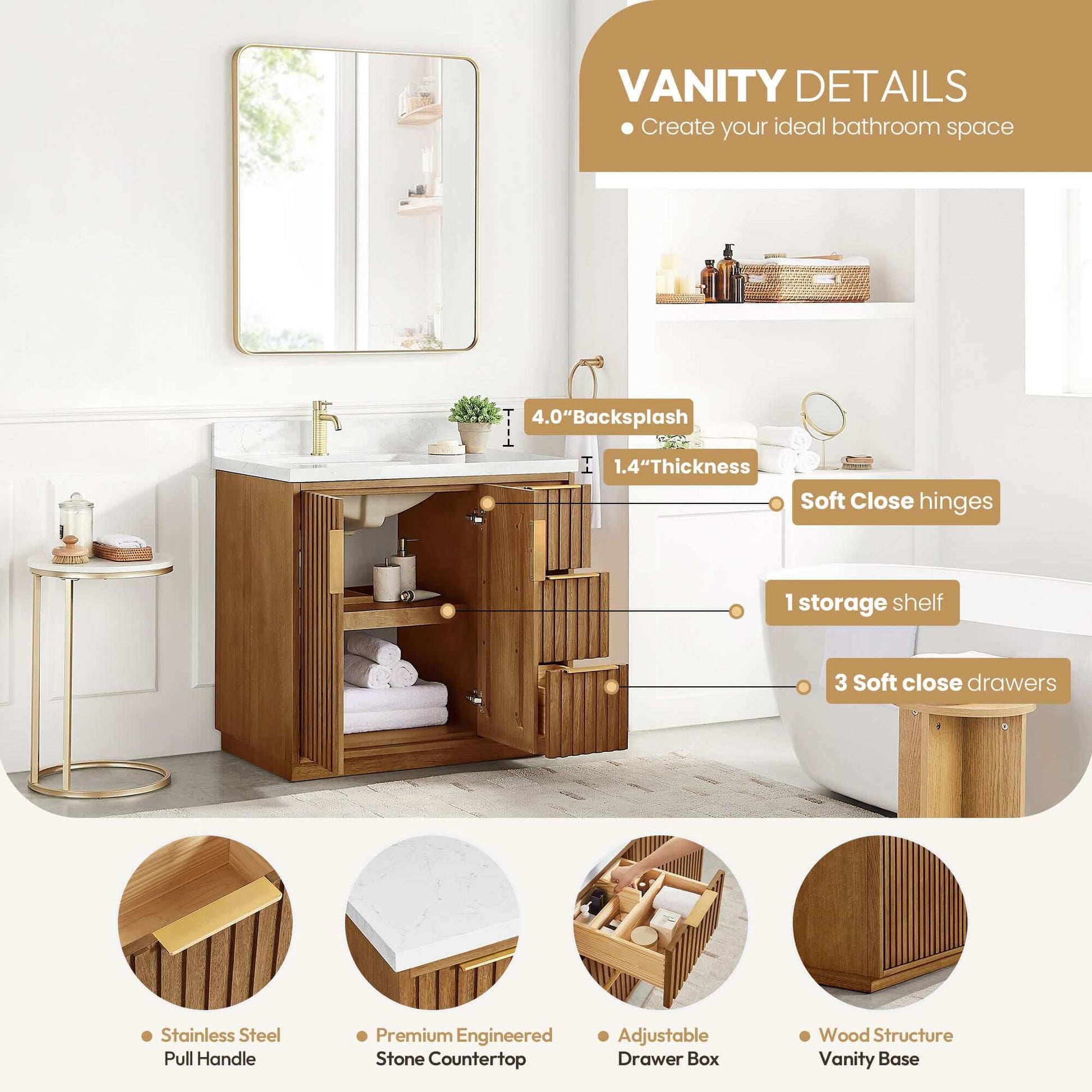 Vinnova, Bangkok 36" Single Sink Bath Vanity in Mango Wood Light Brown with White Grain Composite Stone Top in modern bathroom.