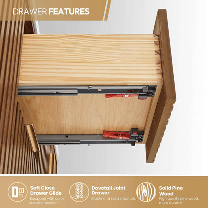Drawer features of Vinnova, Bangkok 60" Double Sink Bath Vanity in Mango Wood Light Brown with White Grain Composite Stone Top, highlighting soft close drawer glide, dovetail joint drawer, and solid pine wood.
