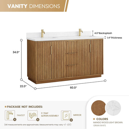 Vinnova, Bangkok 60" Double Sink Bath Vanity in Mango Wood Light Brown with White Grain Composite Stone Top illustrations