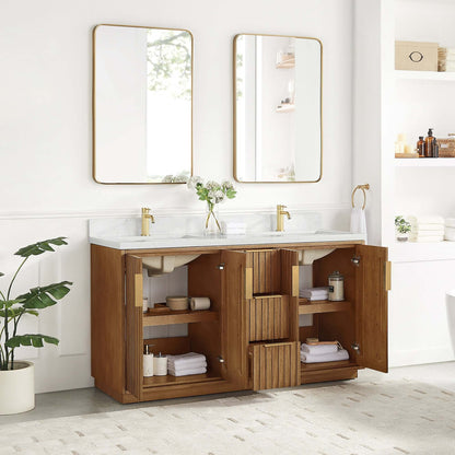 Vinnova, Bangkok 60" Double Sink Bath Vanity in Mango Wood Light Brown with White Grain Composite Stone Top in a modern bathroom setting