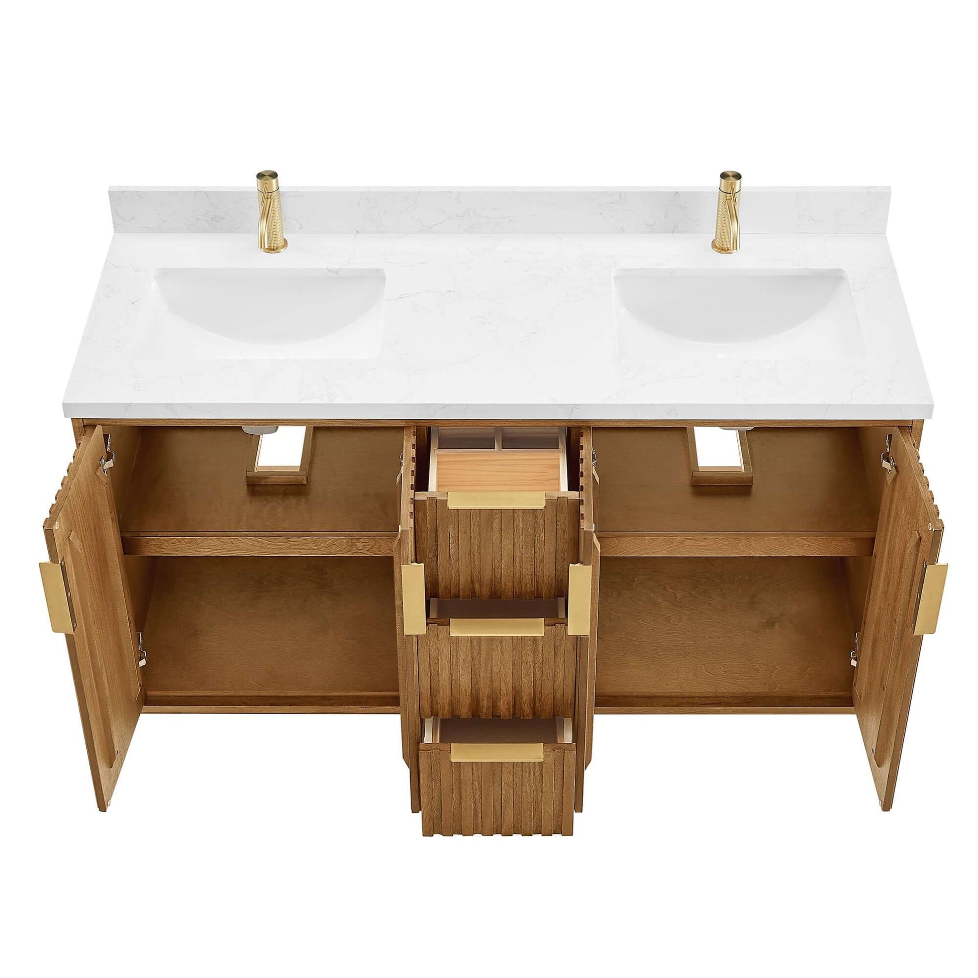 Vinnova, Bangkok 60" Double Sink Bath Vanity in Mango Wood Light Brown with White Grain Composite Stone Top