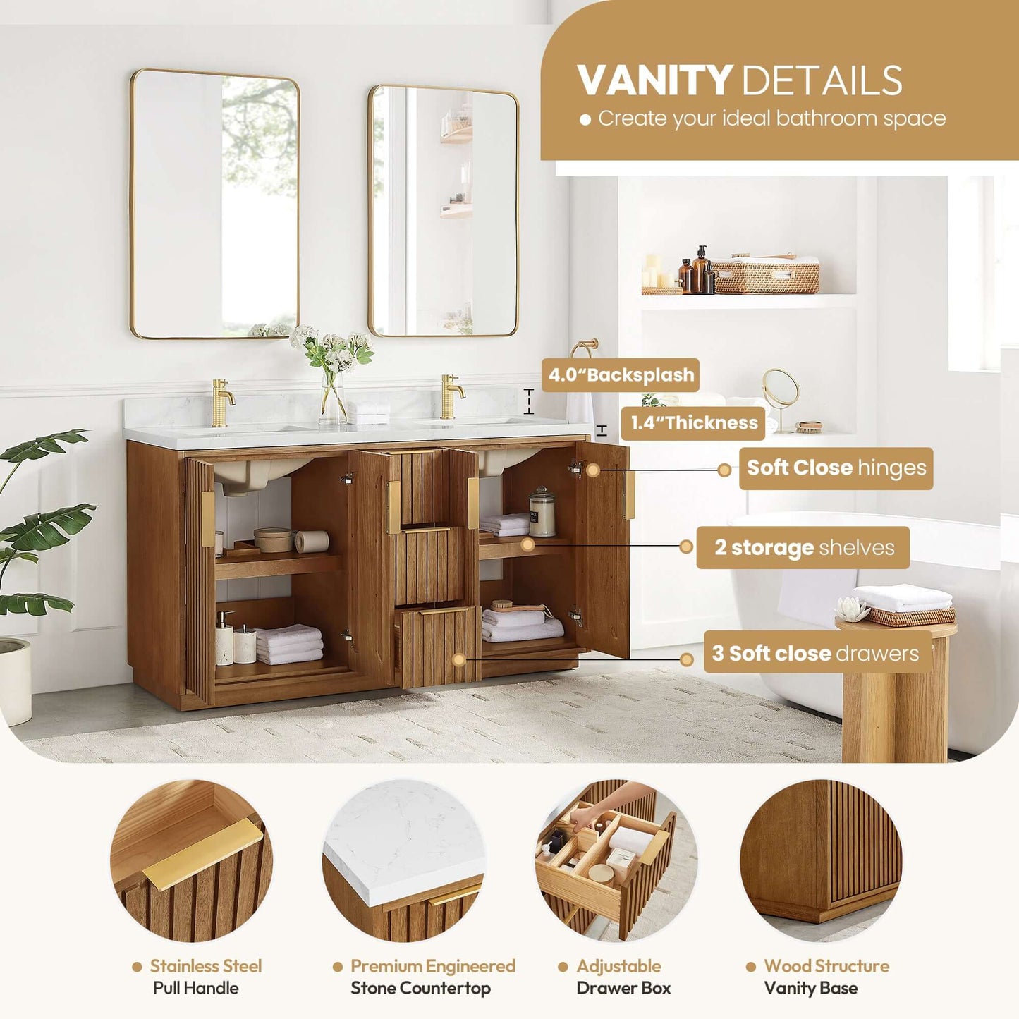 Vinnova, Bangkok 60" Double Sink Bath Vanity in Mango Wood Light Brown with White Grain Composite Stone Top, luxury bathroom vanity.