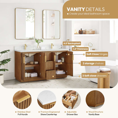 Vinnova, Bangkok 60" Double Sink Bath Vanity in Mango Wood Light Brown with White Grain Composite Stone Top, luxury bathroom vanity.