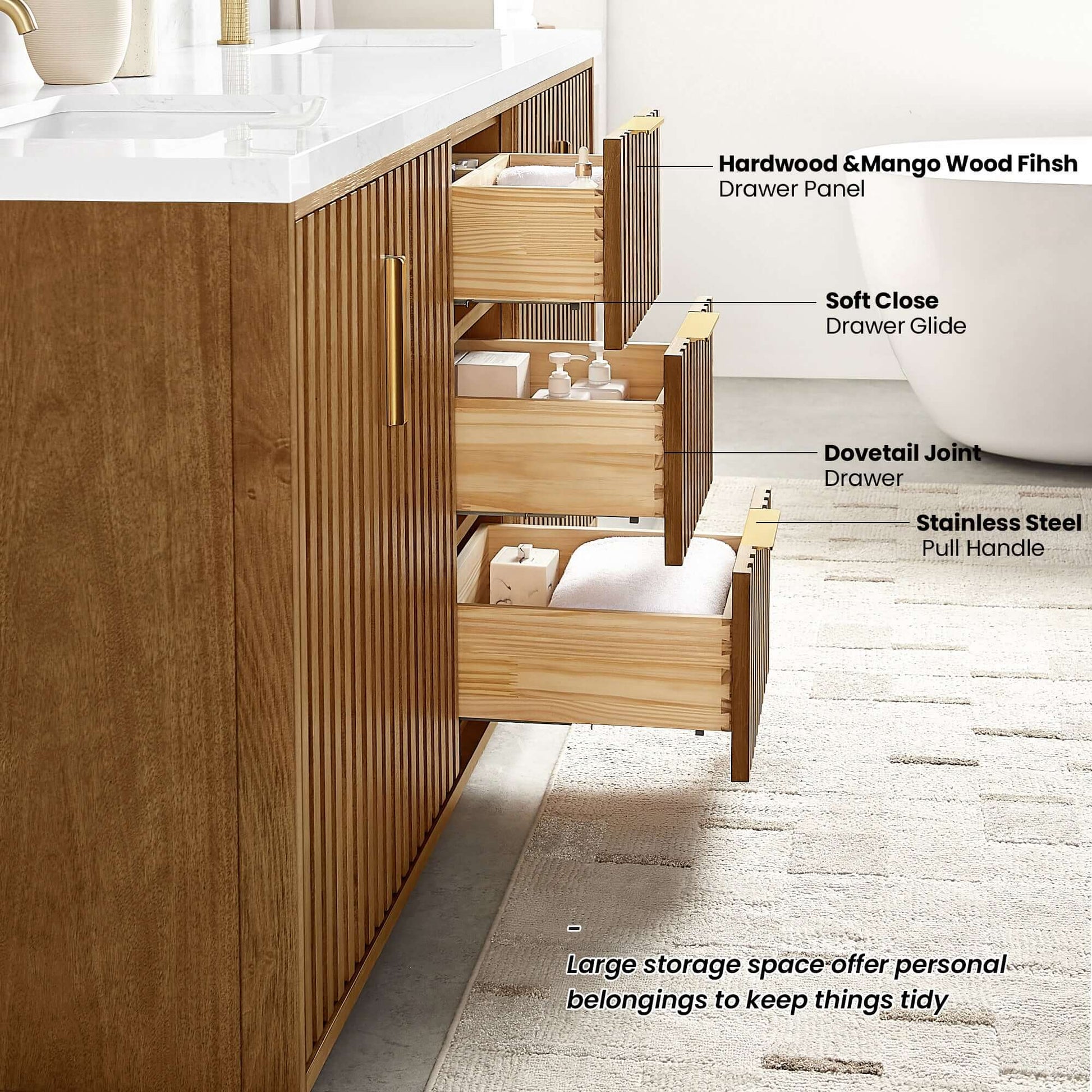 Vinnova, Bangkok 60" Double Sink Bath Vanity in Mango Wood Light Brown with White Grain Composite Stone Top showcasing open drawers.