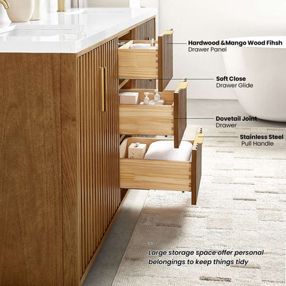 Vinnova, Bangkok 60" Double Sink Bath Vanity in Mango Wood Light Brown with White Grain Composite Stone Top showcasing open drawers.