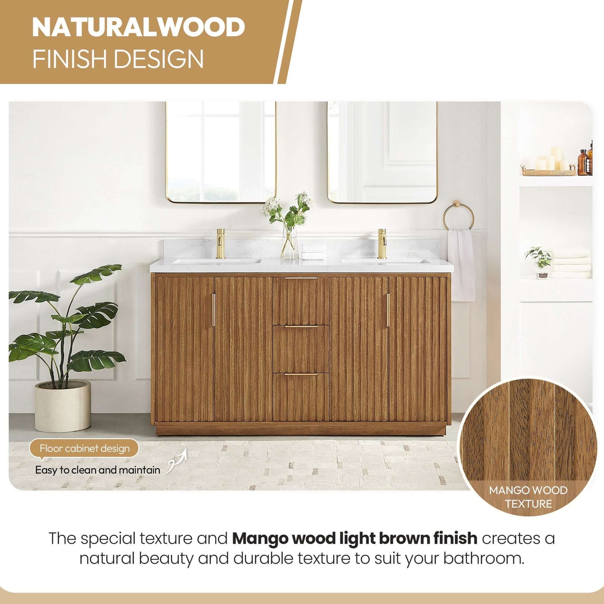 Vinnova, Bangkok 60" Double Sink Bath Vanity in Mango Wood Light Brown with White Grain Composite Stone Top displayed in bathroom.