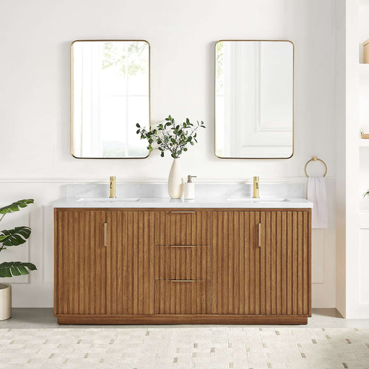 Vinnova, Bangkok 72" Double Sink Bath Vanity in Mango Wood Light Brown with White Grain Composite Stone Top in bathroom setting