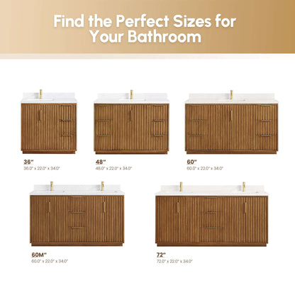 Vinnova, Bangkok 60" Double Sink Bath Vanity in Mango Wood Light Brown with White Grain Composite Stone Top size options