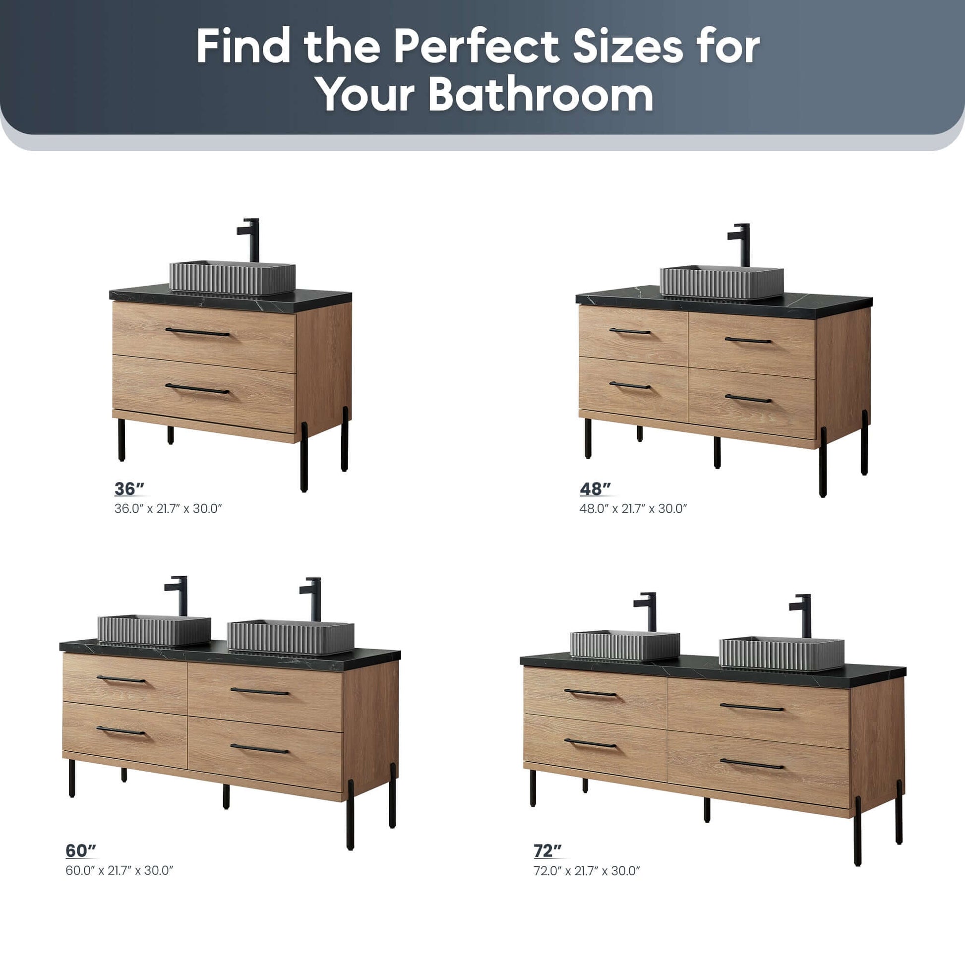 Vinnova, Trento 36A" Single Sink Bath Vanity in North American Oak with Black Sintered Stone Top with Concrete Sink sizes display