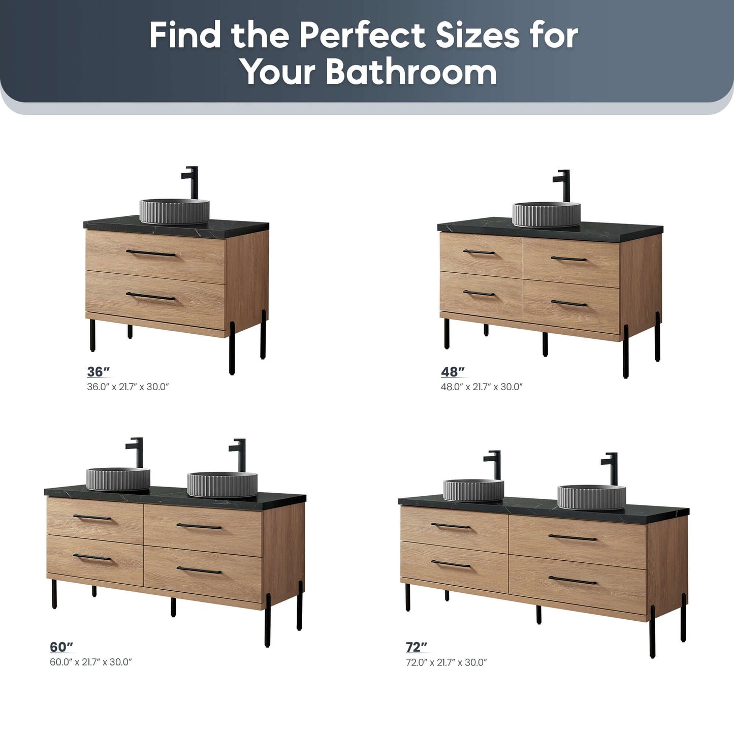 Four bathroom vanities showcasing different sizes, featuring the Vinnova, Trento 48B" Single Sink Bath Vanity in North American Oak.