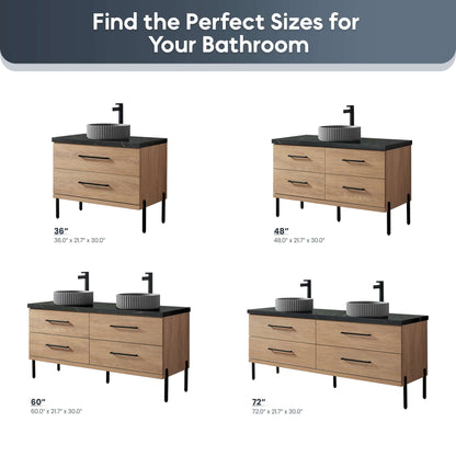 Four bathroom vanities showcasing different sizes, featuring the Vinnova, Trento 48B" Single Sink Bath Vanity in North American Oak.