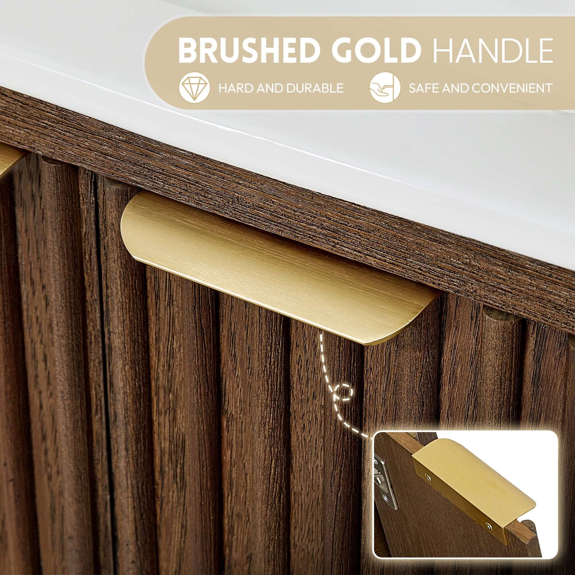 Close-up of Vinnova, Mumbai 24" Free-standing Single Bath Vanity in Aged Dark Brown Oak with brushed gold handle detail.