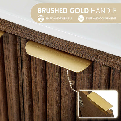 Close-up of Vinnova, Mumbai 24" Free-standing Single Bath Vanity in Aged Dark Brown Oak with brushed gold handle detail.
